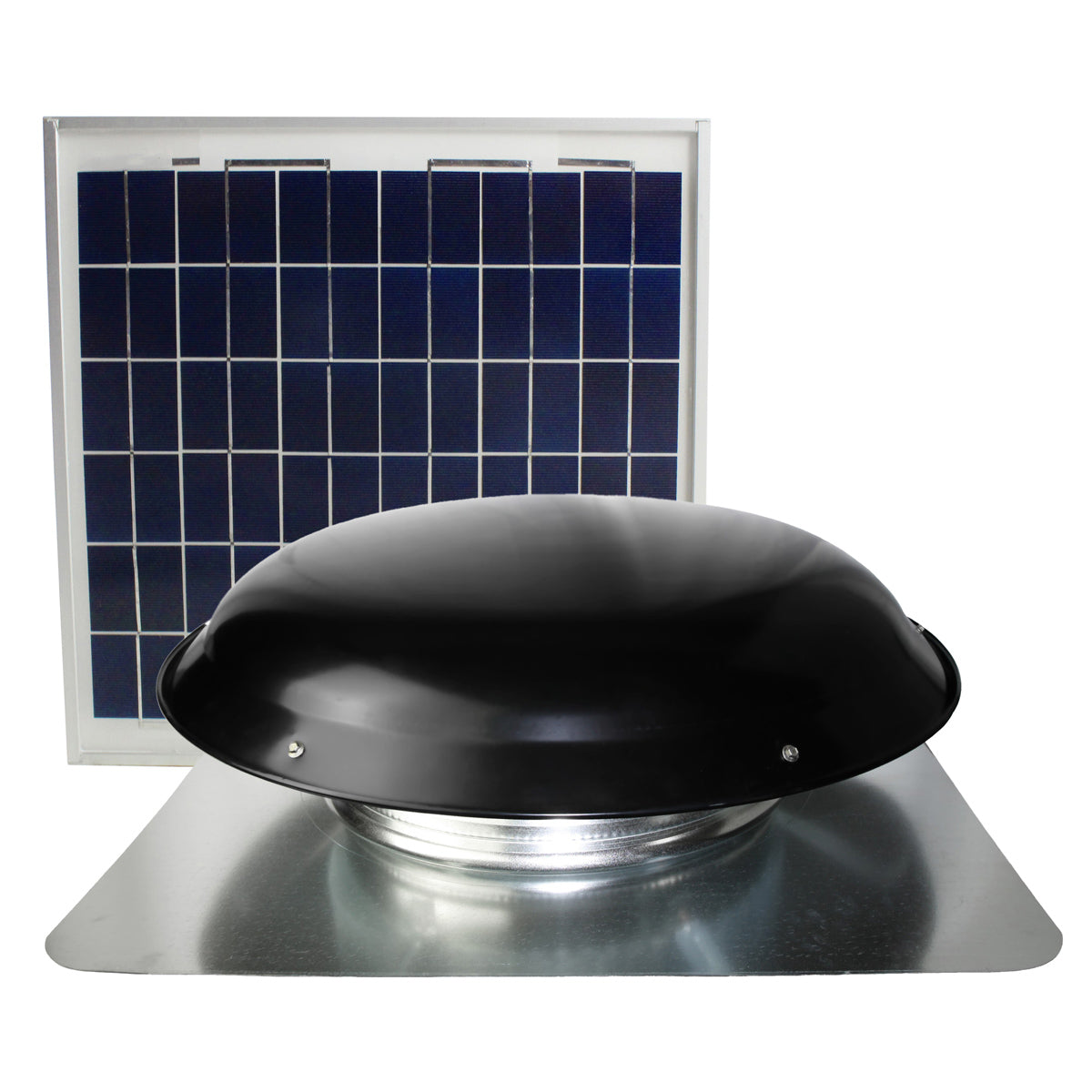Front view of the CXSOLRF series roof mount solar attic vent showing the steel dome and panel.