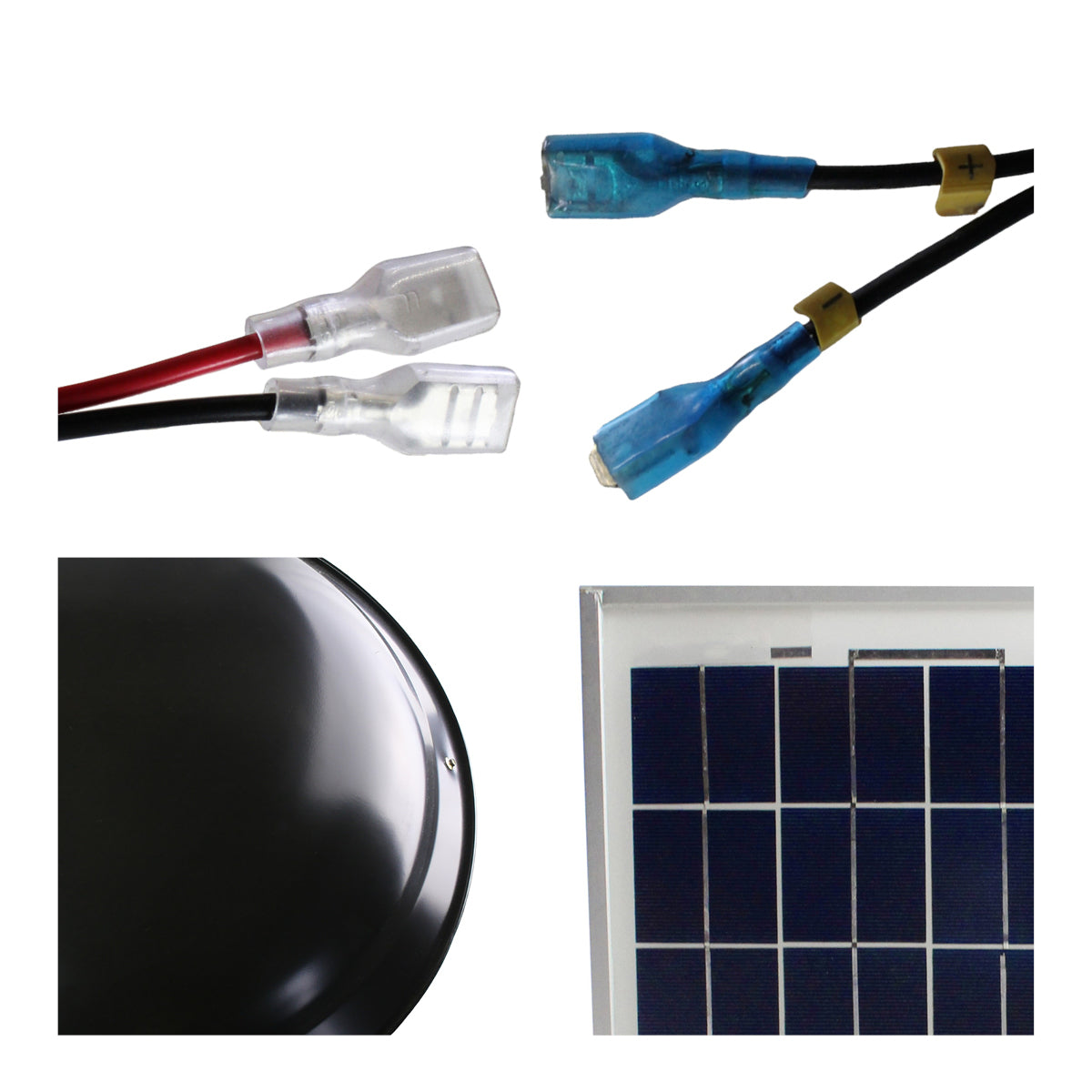 Detailed close-up of quick connect clips, steel dome in black finish and solar panel cells.