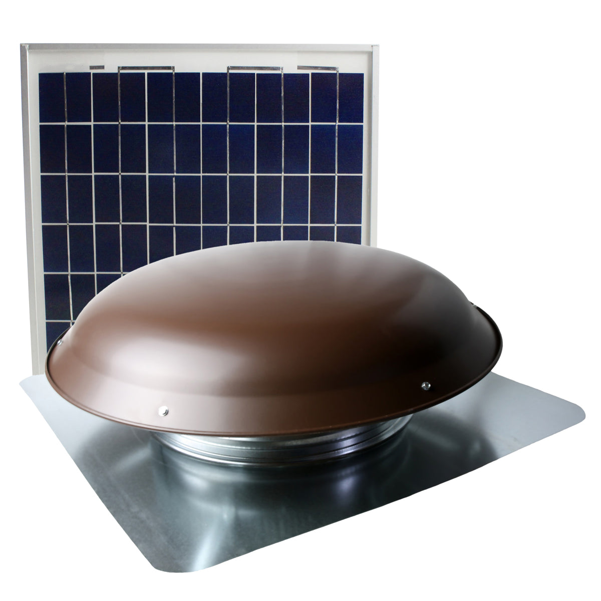 433 CFM solar roof mount fan in brown finish with solar panel.