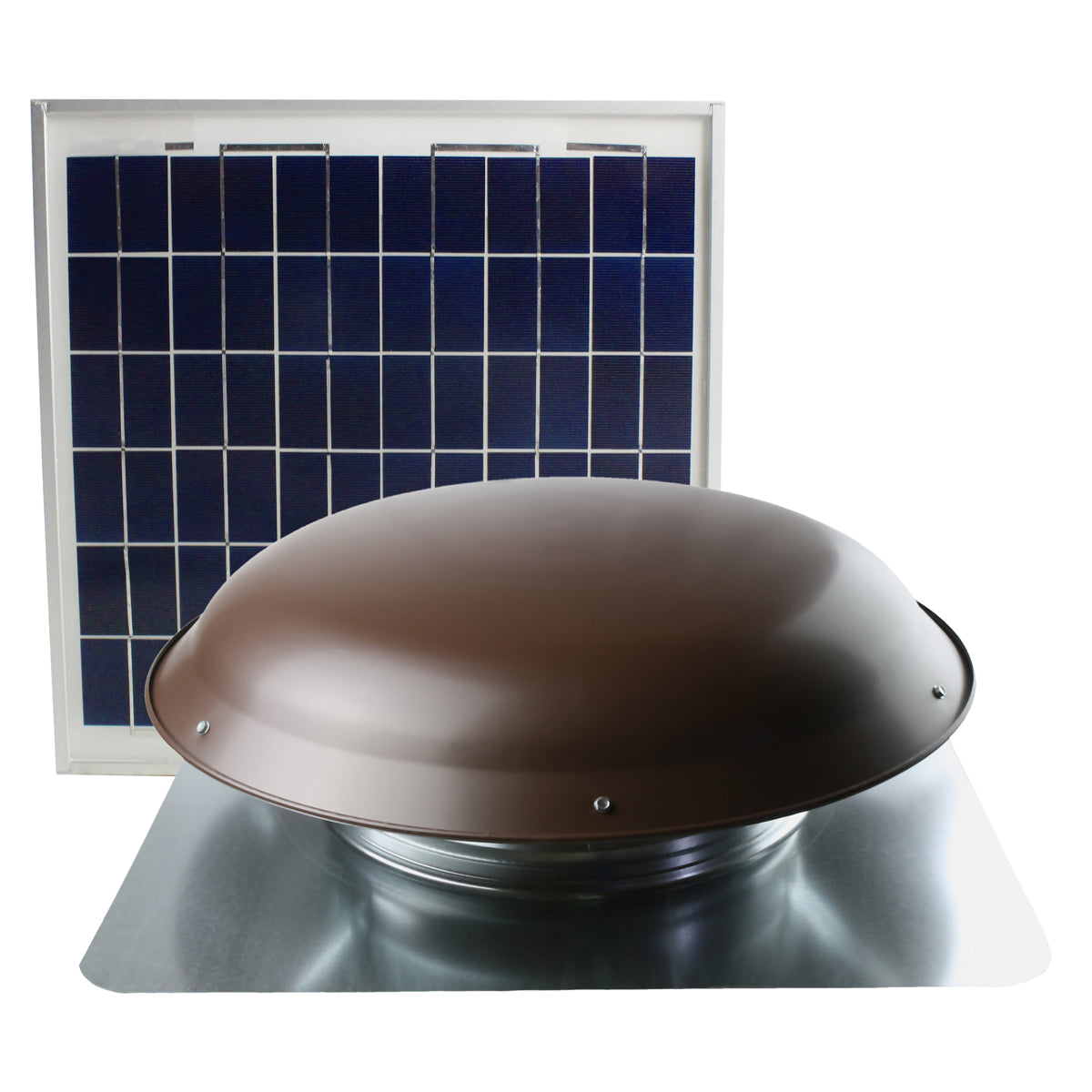 Front view of the CXSOLRF series roof mount solar attic vent showing the steel dome and panel.