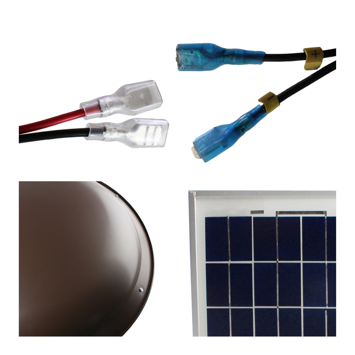 Detailed close-up of quick connect clips, steel dome in brown finish and solar panel cells.