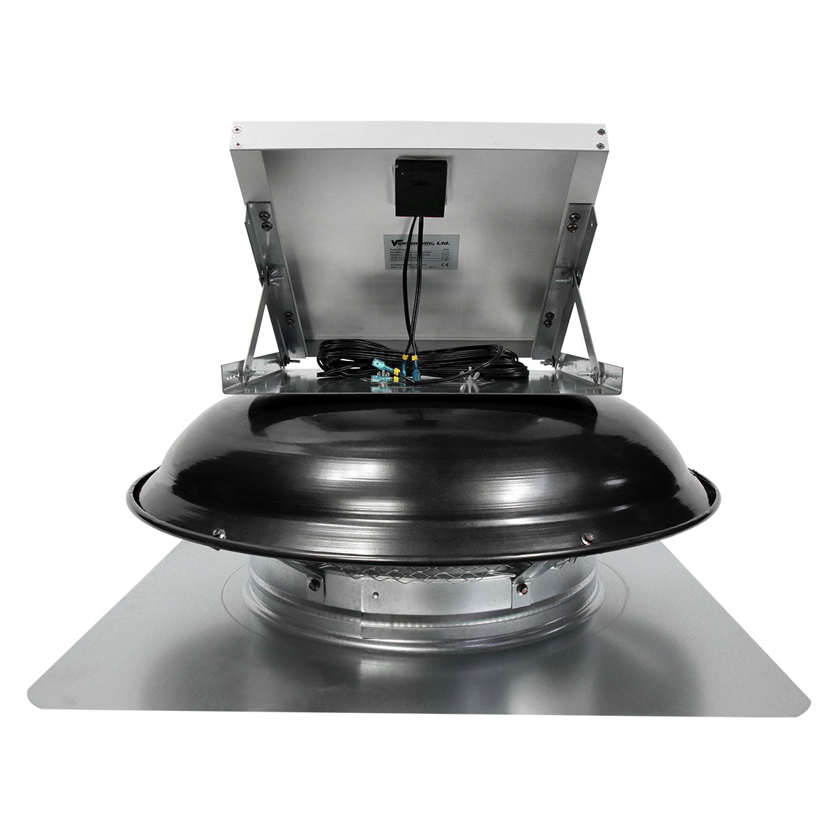 Back view of the solar roof mount attic ventilator showing the quick connect panel clips.