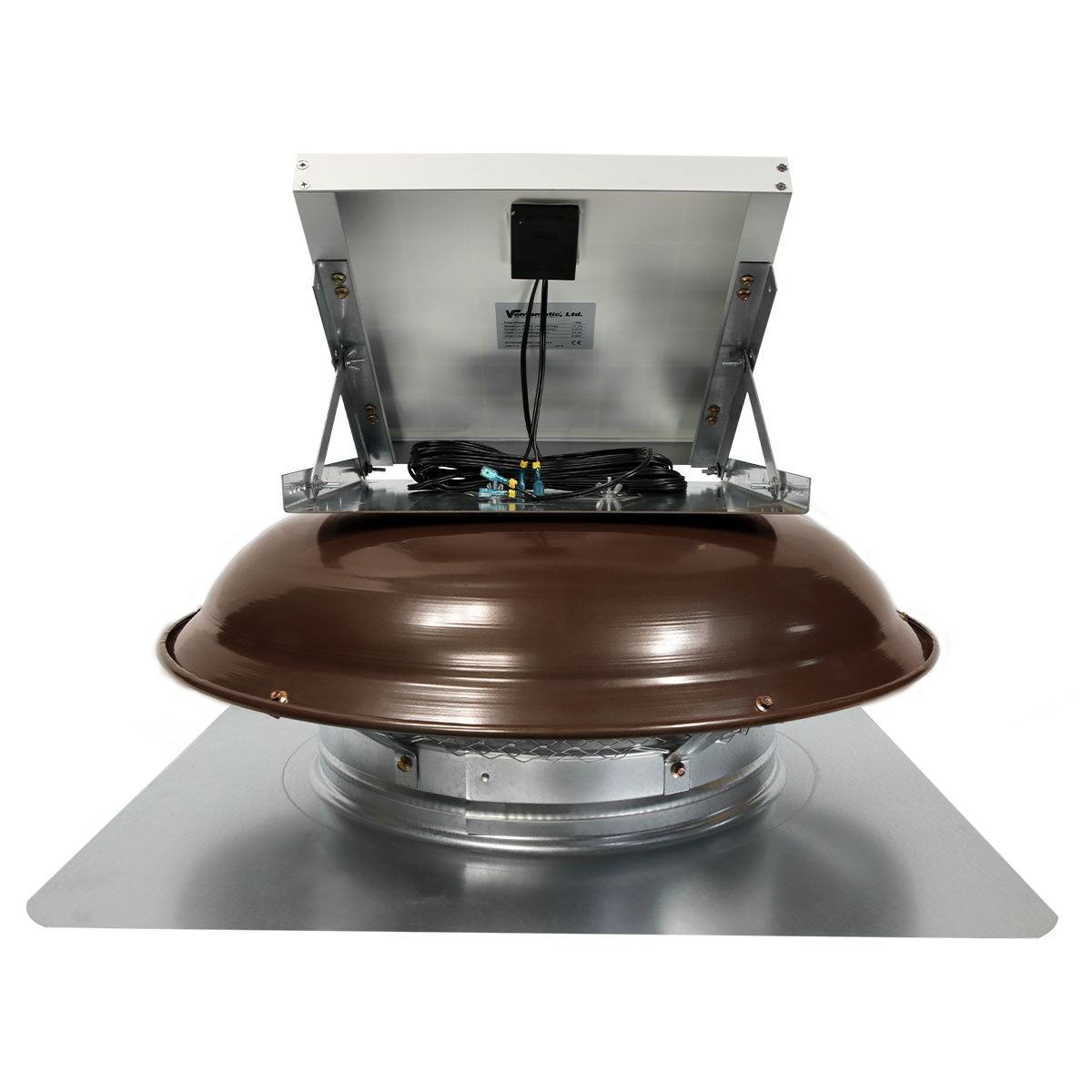 Back view of the solar roof mount attic ventilator showing the quick connect panel clips.