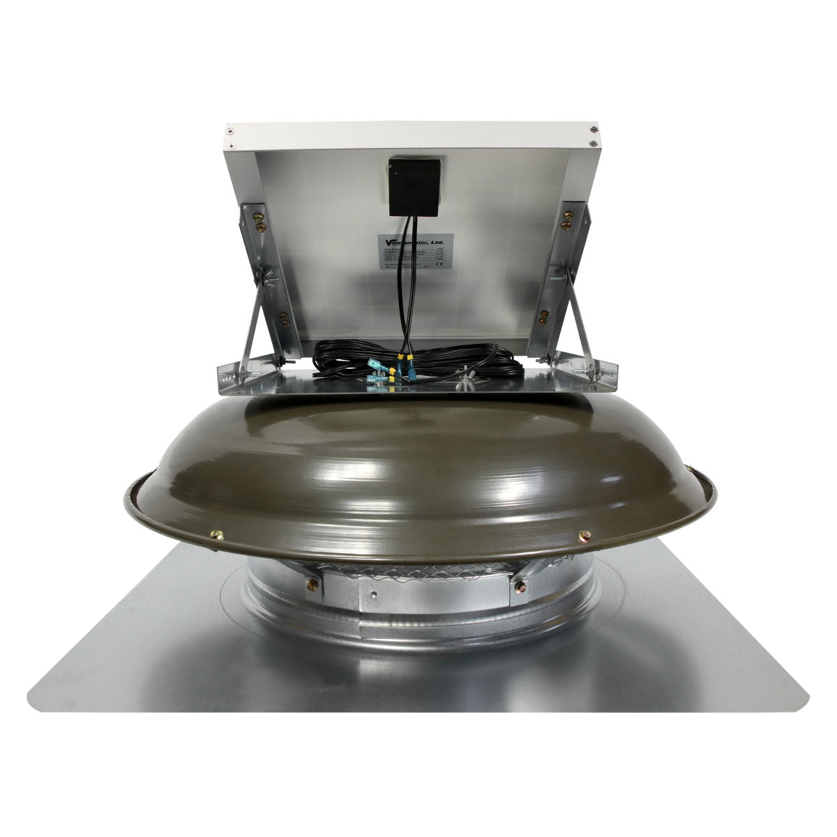 Back view of the solar roof mount attic ventilator showing the quick connect panel clips.