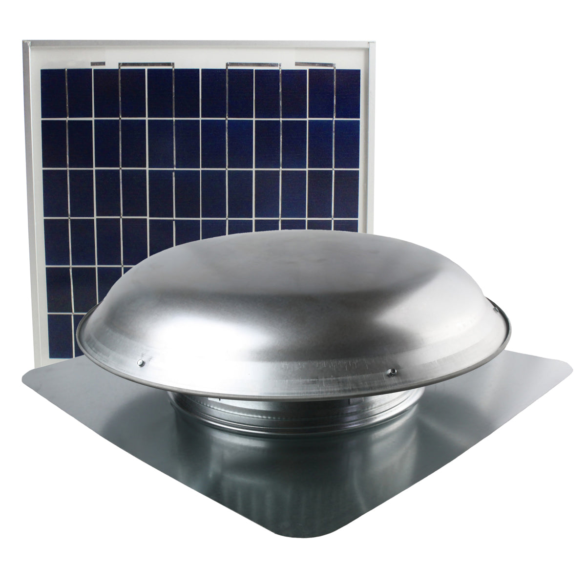 433 CFM solar roof mount fan in mill finish with solar panel.