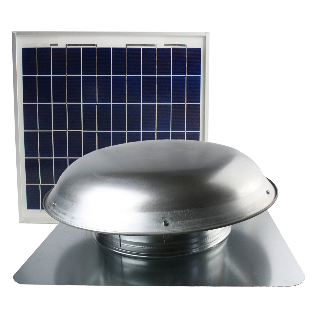 Front view of the CXSOLRF series roof mounted ventilator showing the steel dome and solar panel.