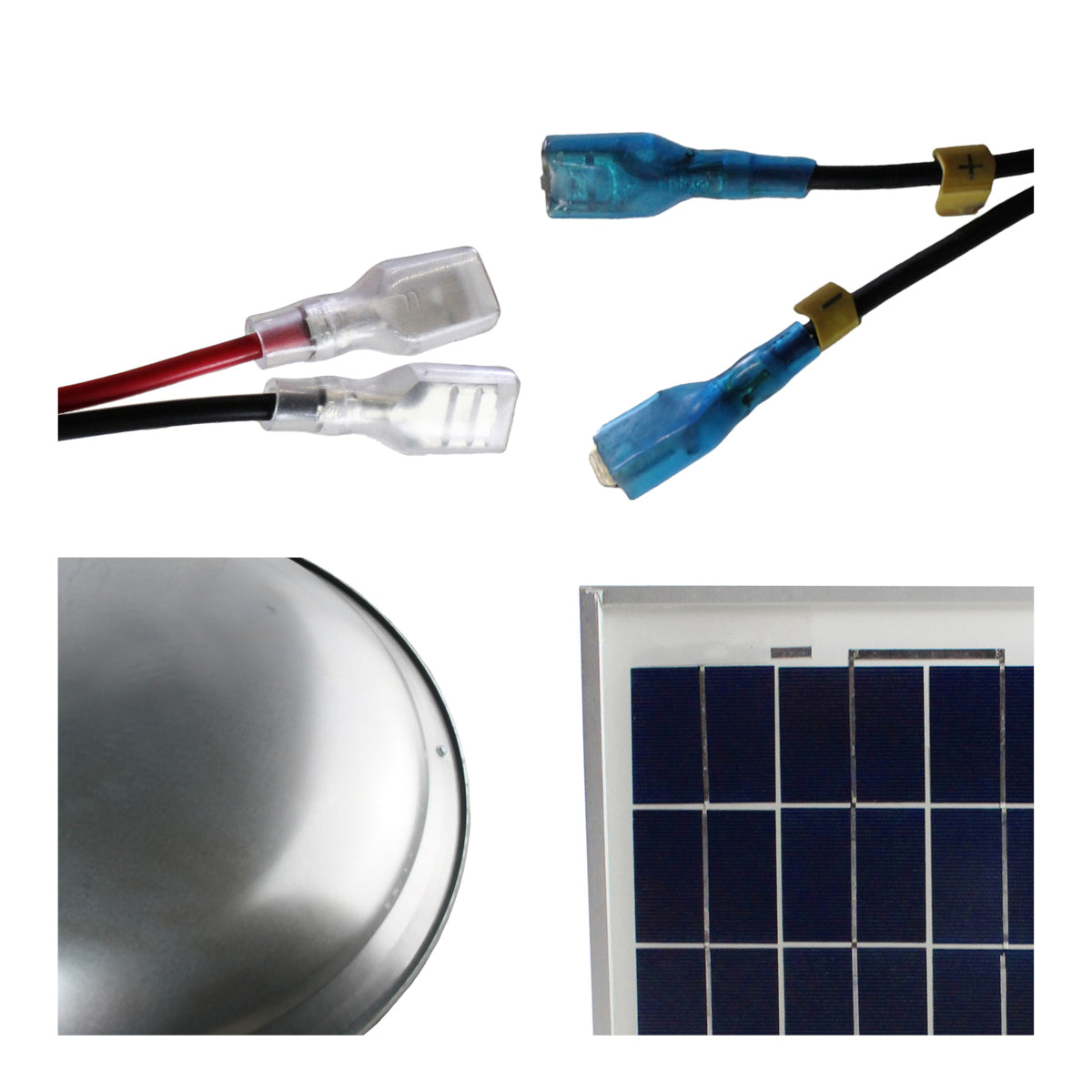 Detailed close-up of quick connect clips, steel dome in mill finish and solar panel cells with the ventilation fan.