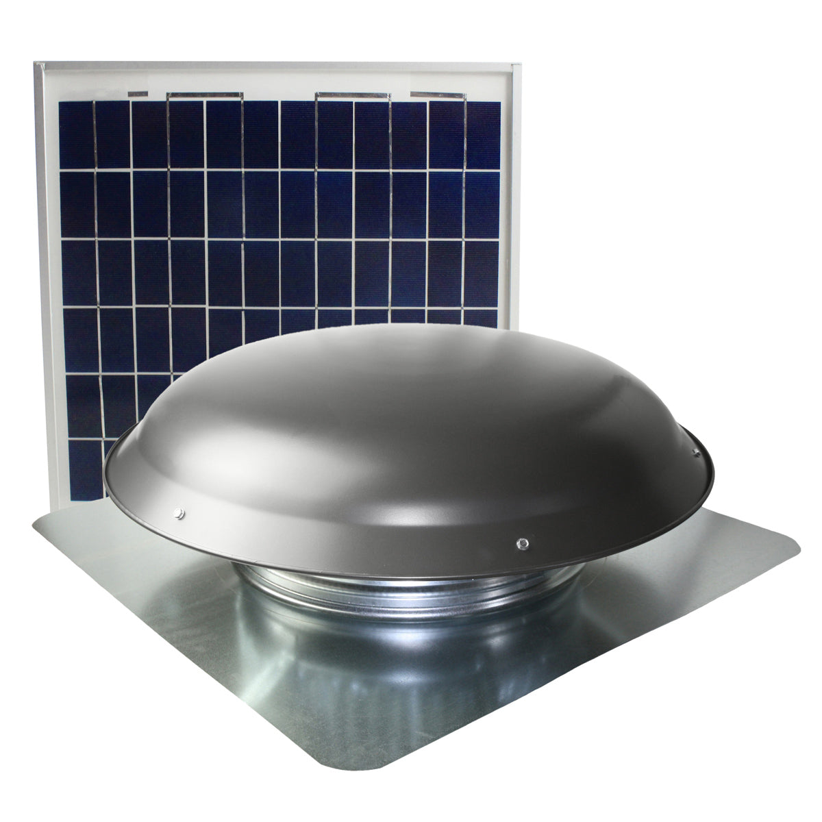 433 CFM solar roof mount fan in weathered gray finish with solar panel.