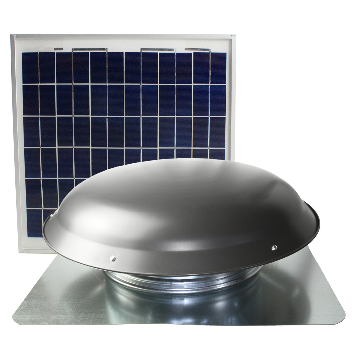 Front view of the CXSOLRF series roof mount solar attic vent showing the steel dome and panel.