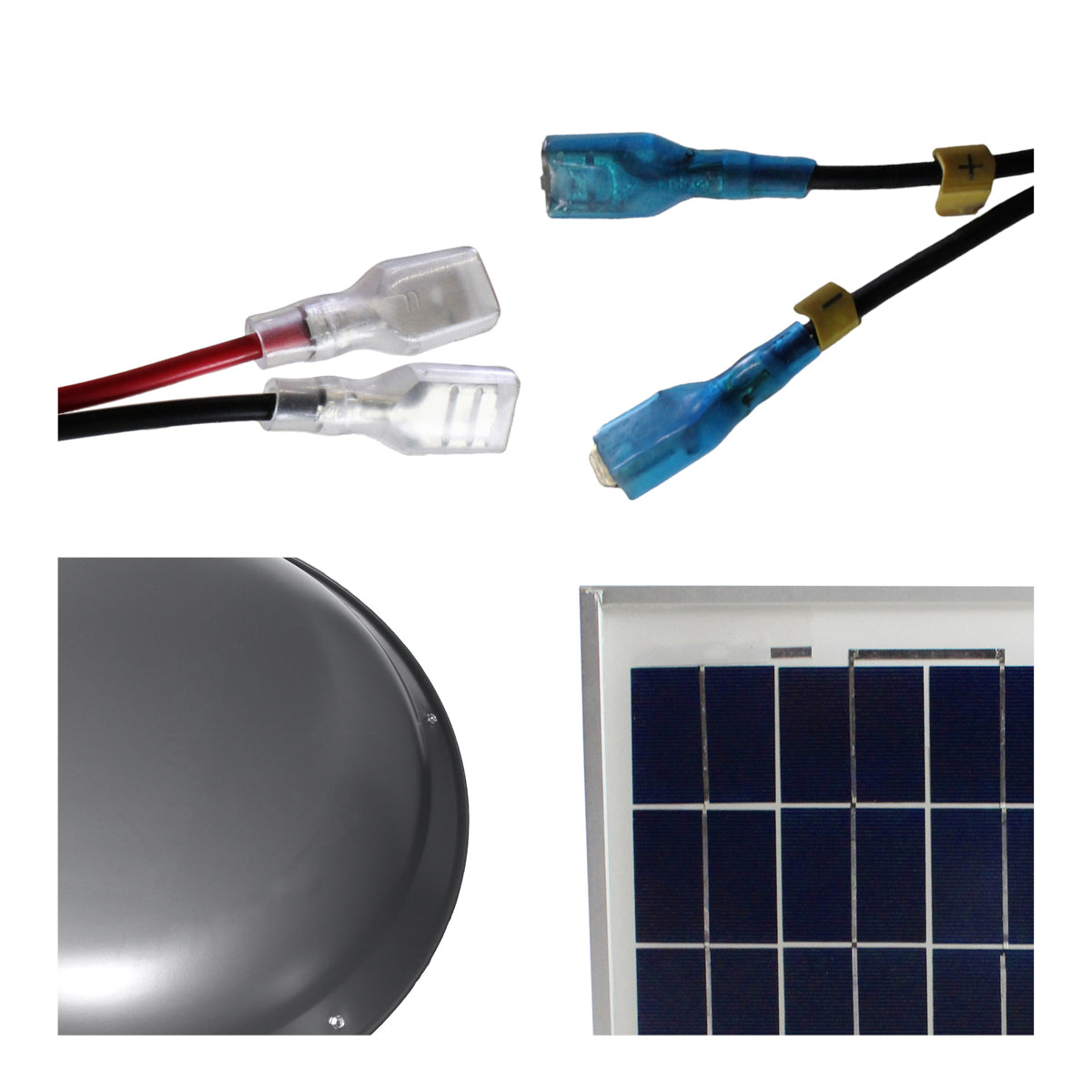 Detailed close-up of quick connect clips, steel dome in weathered gray finish and solar panel cells.