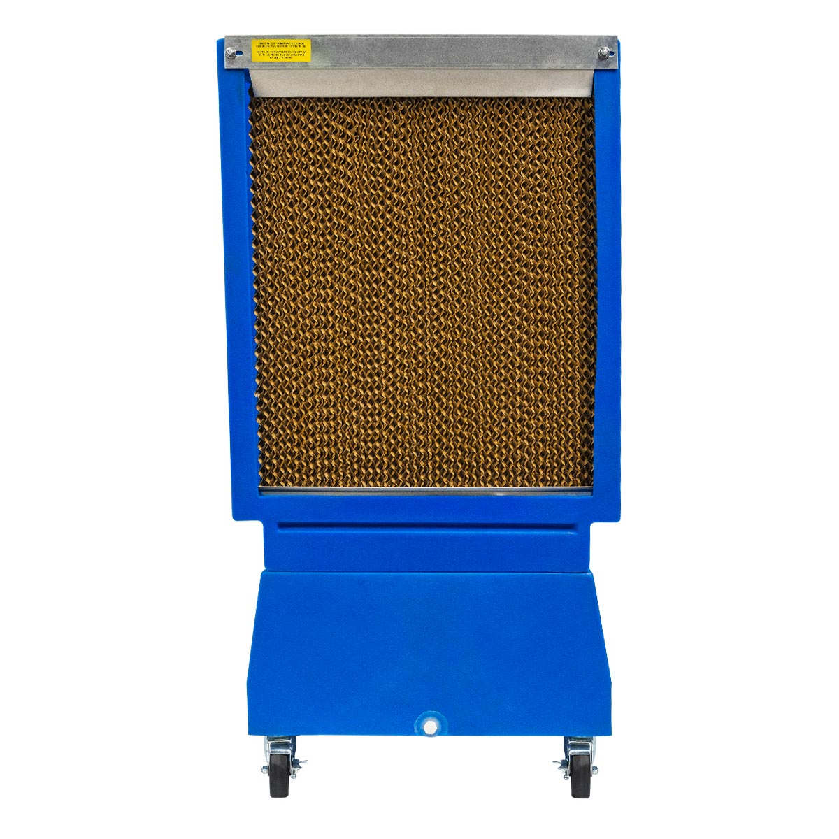 Back view of the 18 in. evaporative air cooler showing the cellulose filter pads, drain valve for cleaning water from the tank reservoir, and locking casters.