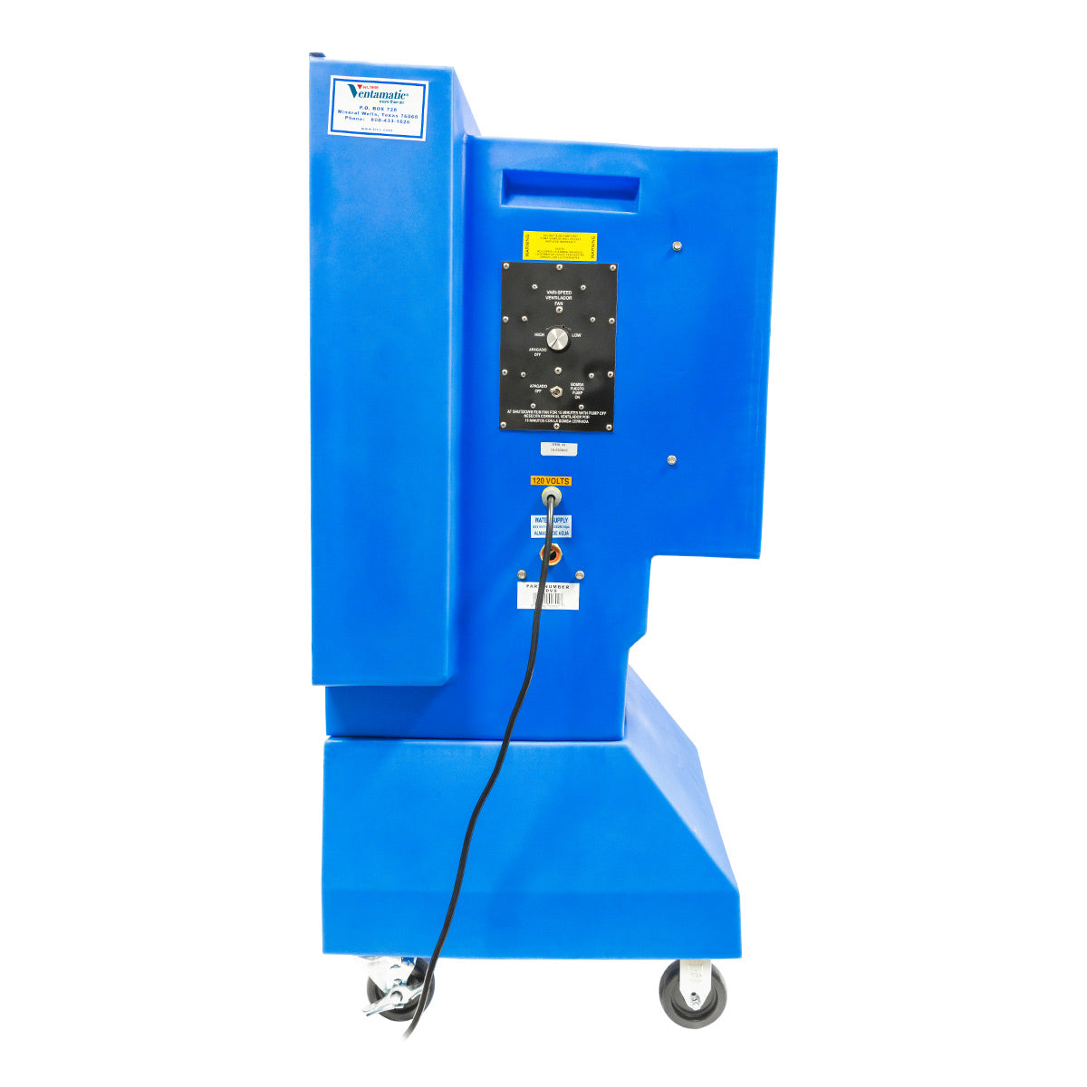 Left side profile view of the 18 in. cooler showing the speed and pump control panel, power cord location, water supply connection, and caster wheels.