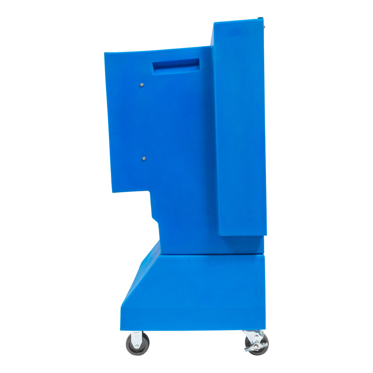 Right side profile view of the 18 in. outdoor cooler showing the heavy-duty poly construction and the caster wheels.