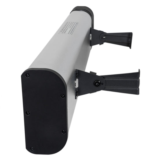 Right side profile view of the infrared heater showing the durable aluminum alloy housing and hanging bracket for wall or ceiling mount positions.