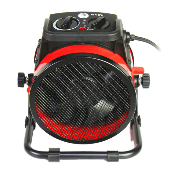 Back view of the 7 in. heater showing the fan blade assembly for high performance output behind a safety grille. 