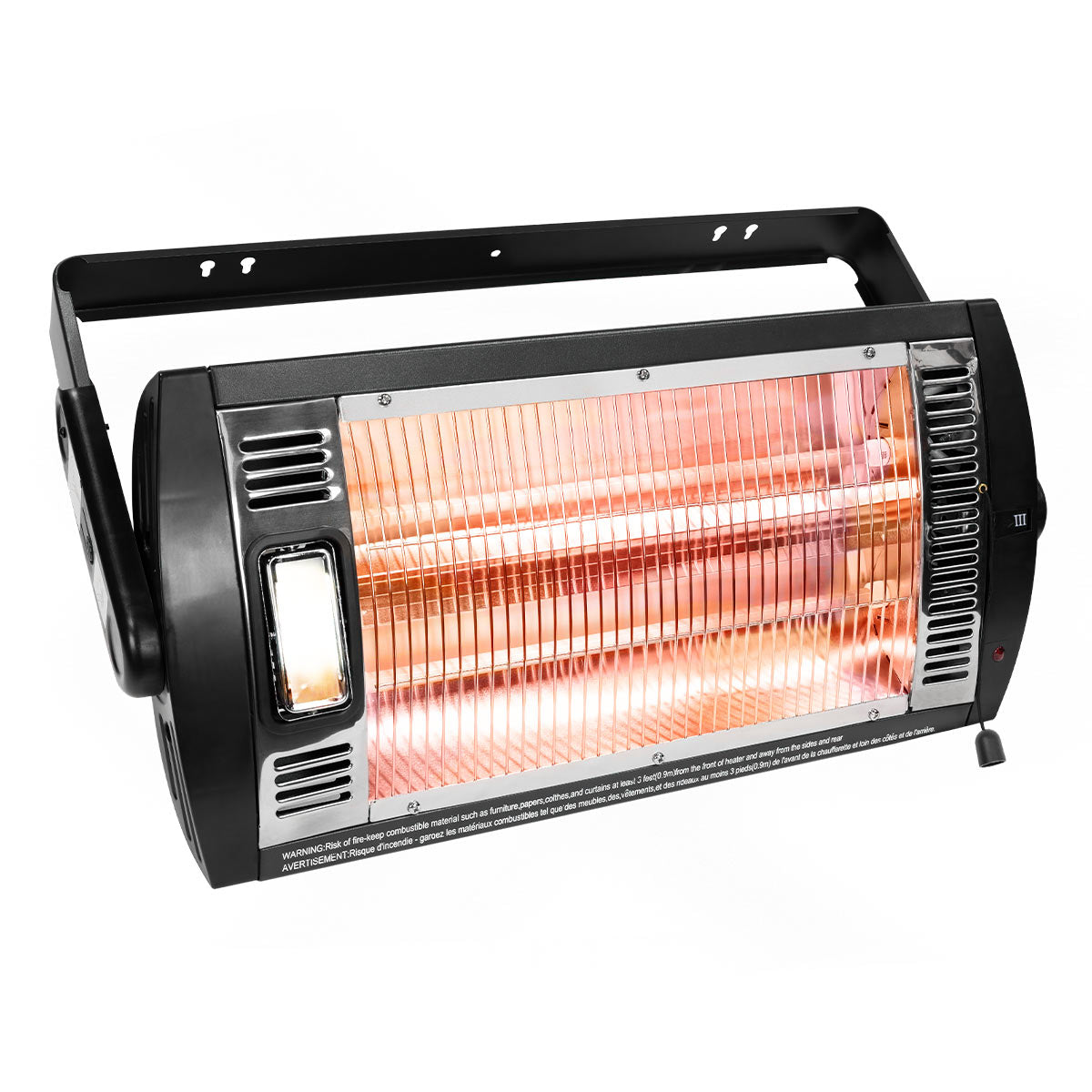 Angled view of the 26 in. radiant ceiling mount heater with pull cord and halogen light.