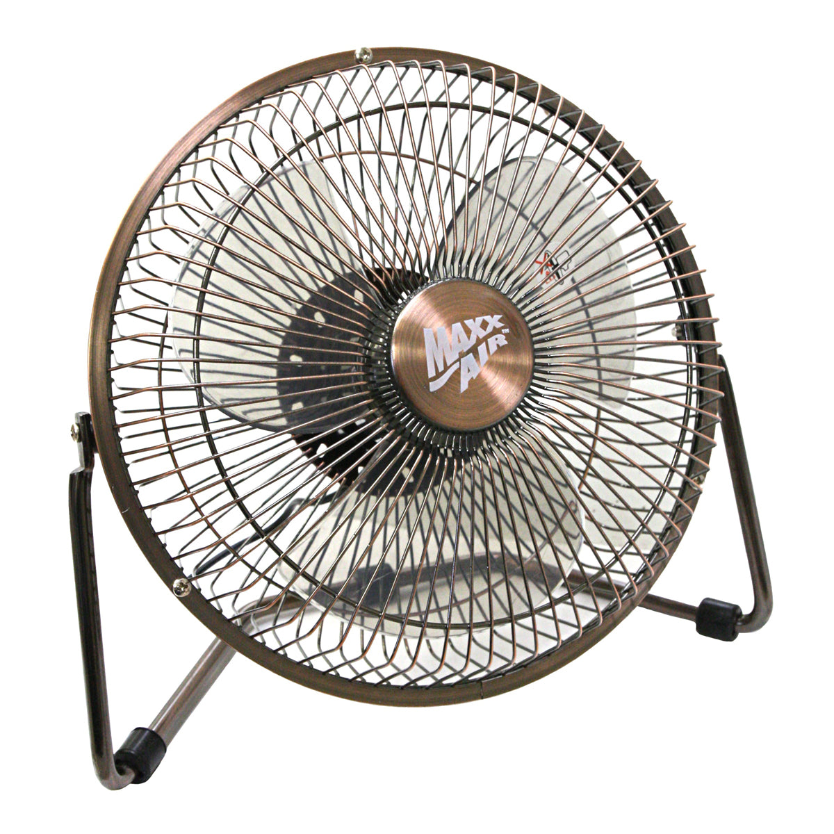 8 in. mini desk fan with USB plug in copper finish.
