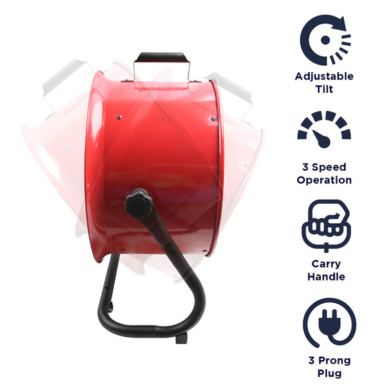 Features of the HVFF16T RED include an adjustable tilt, 3 speed operation, carry handle, and 3 prong electric plug. 