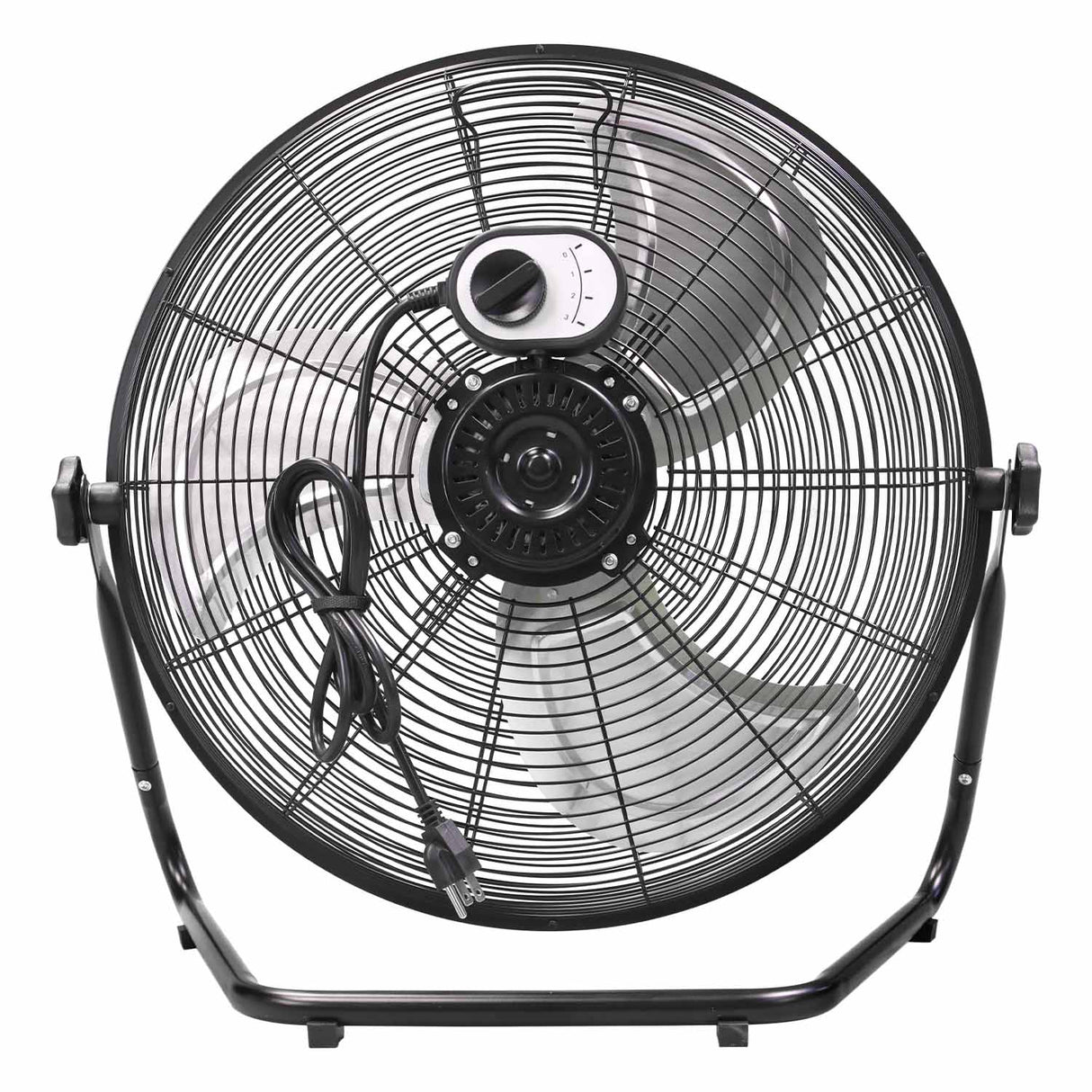 Back view of the 20 in. floor fan showing the speed selection switch and power cord location with cord wrap for storage.