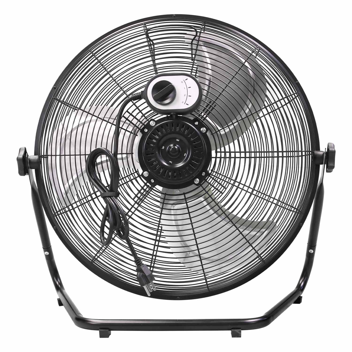 Back view of the 20 in. floor fan showing the speed selection switch and power cord location with cord wrap for storage.