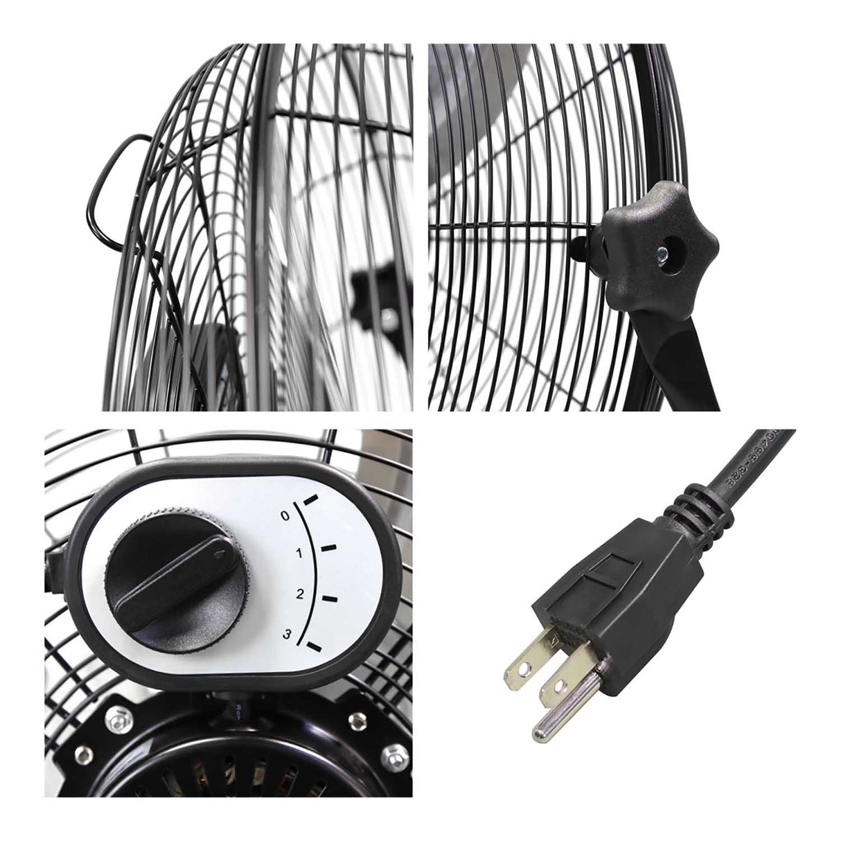 Detailed close-up of handle, tilt adjustment knobs, speed selection switch, and 3 prong plug.