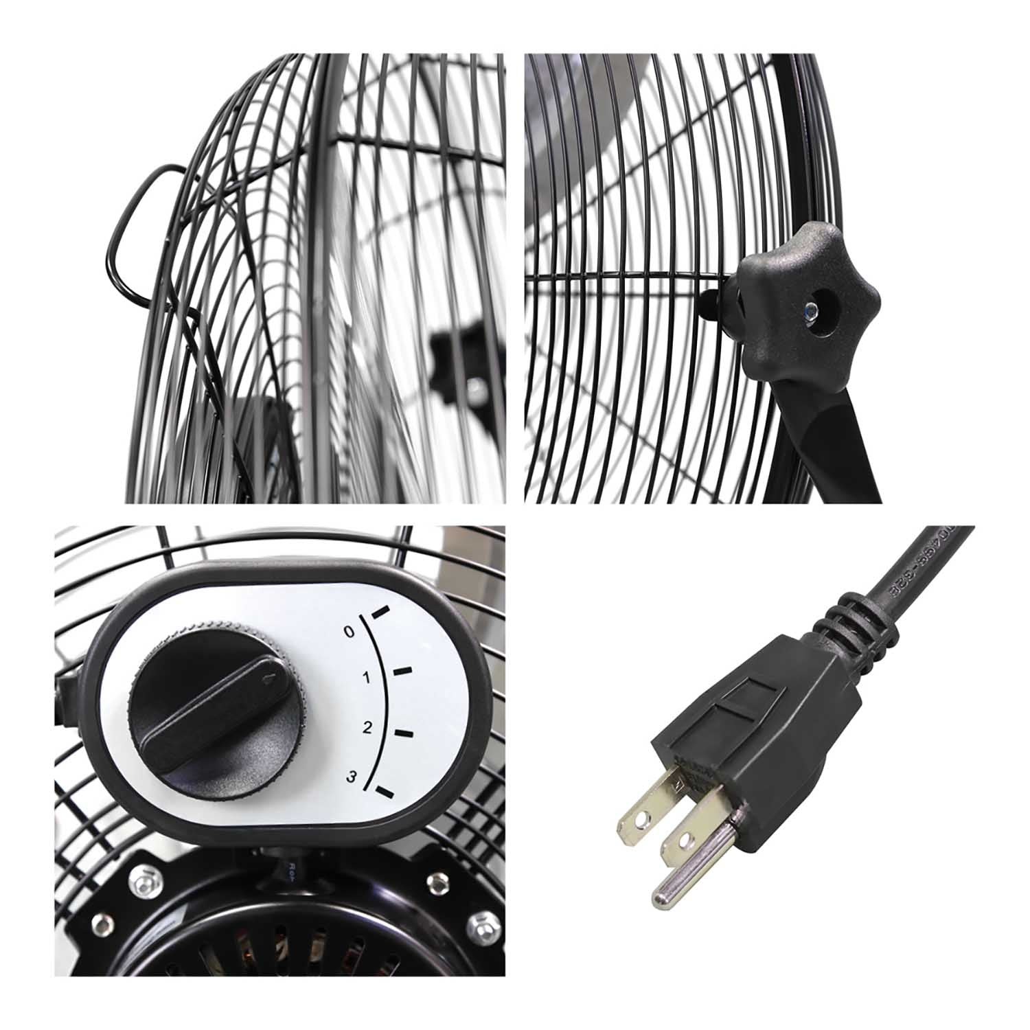 Detailed close-up of handle, tilt adjustment knobs, speed selection switch, and 3 prong plug.