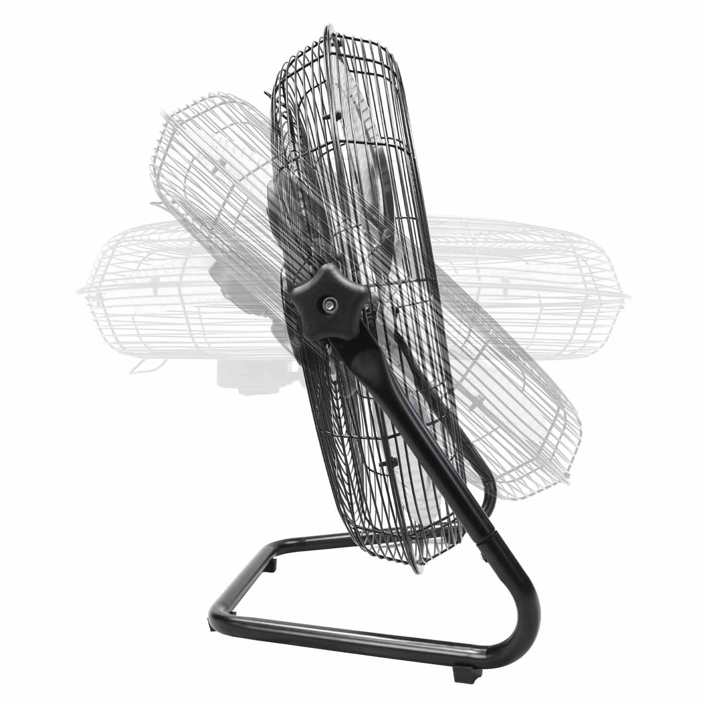 Left side profile view of the 20 in. shop fan showing the deep metal base with non-skid feet.