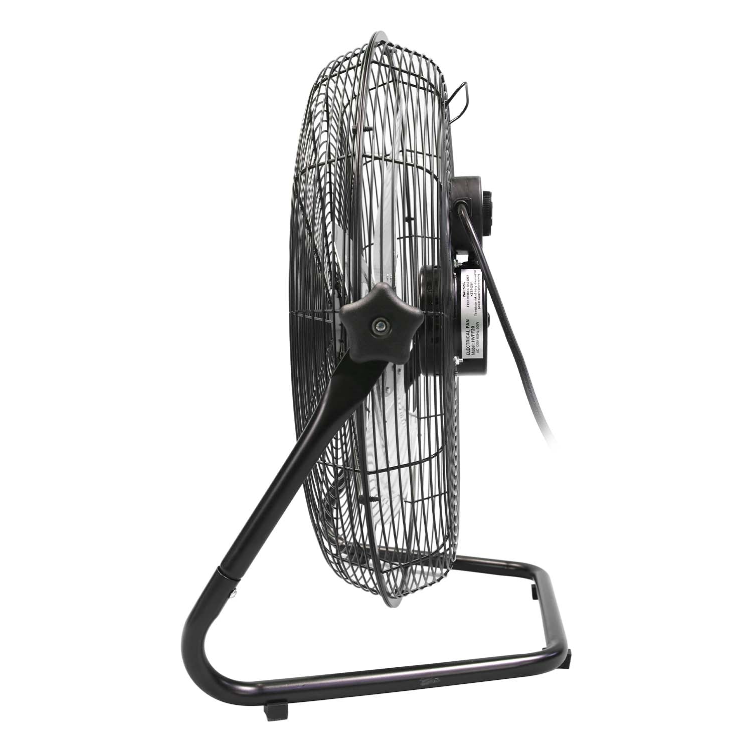 Right side profile view of the 20 in. high velocity fan showing the deep base with non-skid feet.