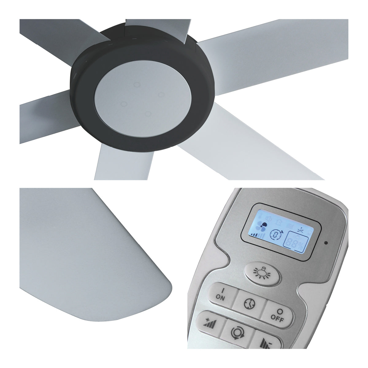 Close up of motor, metallic anodized fan blade finish, and remote with 6 speeds and reverse function.