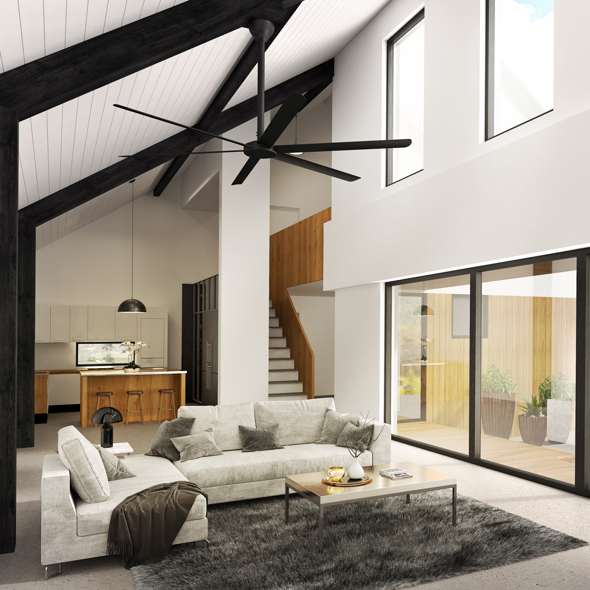 The HVLS 108 provides massive air circulation in large residential rooms such as a living room or bedroom.