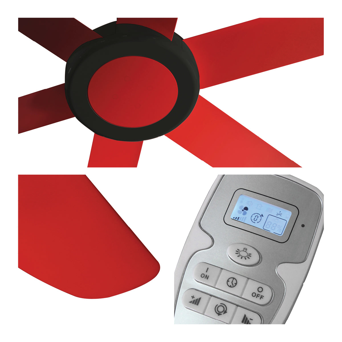 Close up of motor, red fan blade finish, and remote with 6 speeds and reverse direction.