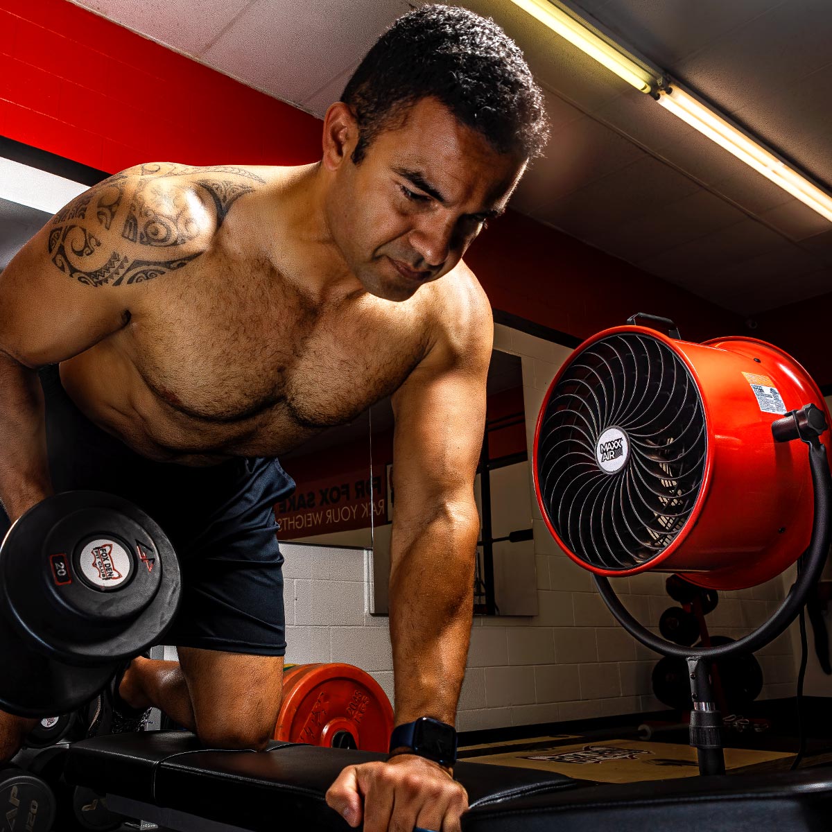 This 16" Maxx Air pedestal fan can be pointly directly at the athlete's level for a more comfortable gym workout.