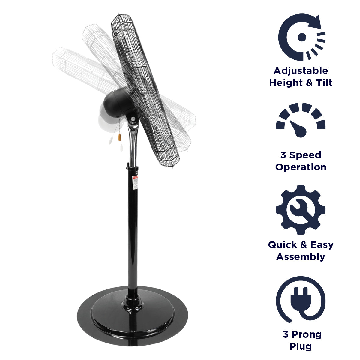 Features of the HVPF 30 include adjustable height and tilt, 3 speed operation, a quick and easy assembly, and a 3 prong electric plug.