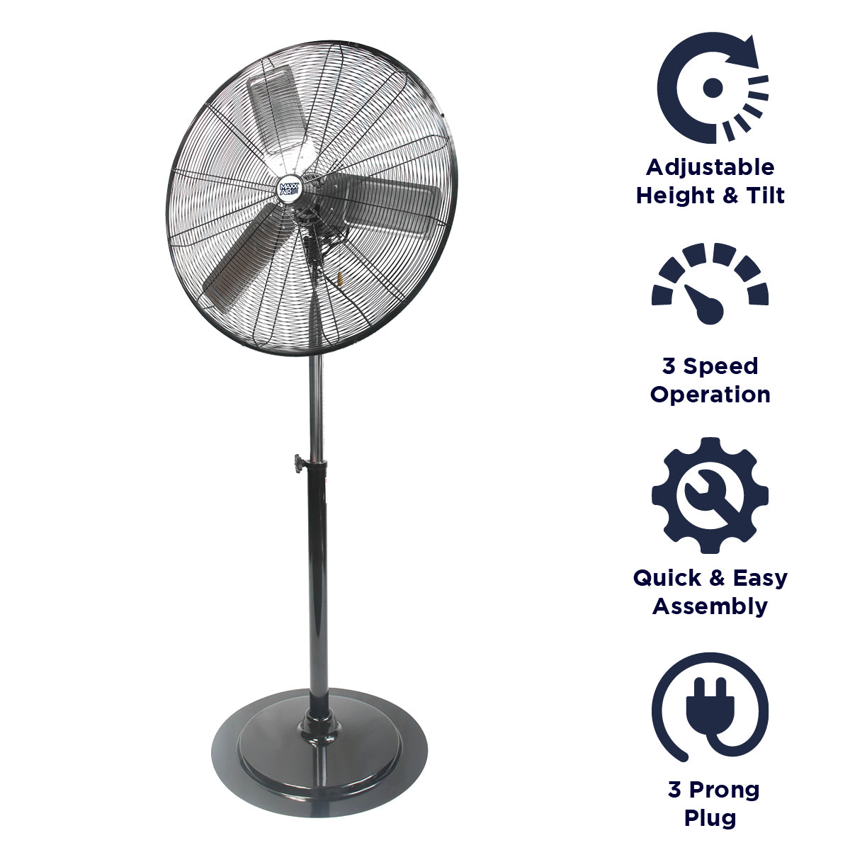 Features of the HVPF 30 OSC include adjustable height and tilt, 3 speed operation, a quick and easy assembly, and a 3 prong electric plug.