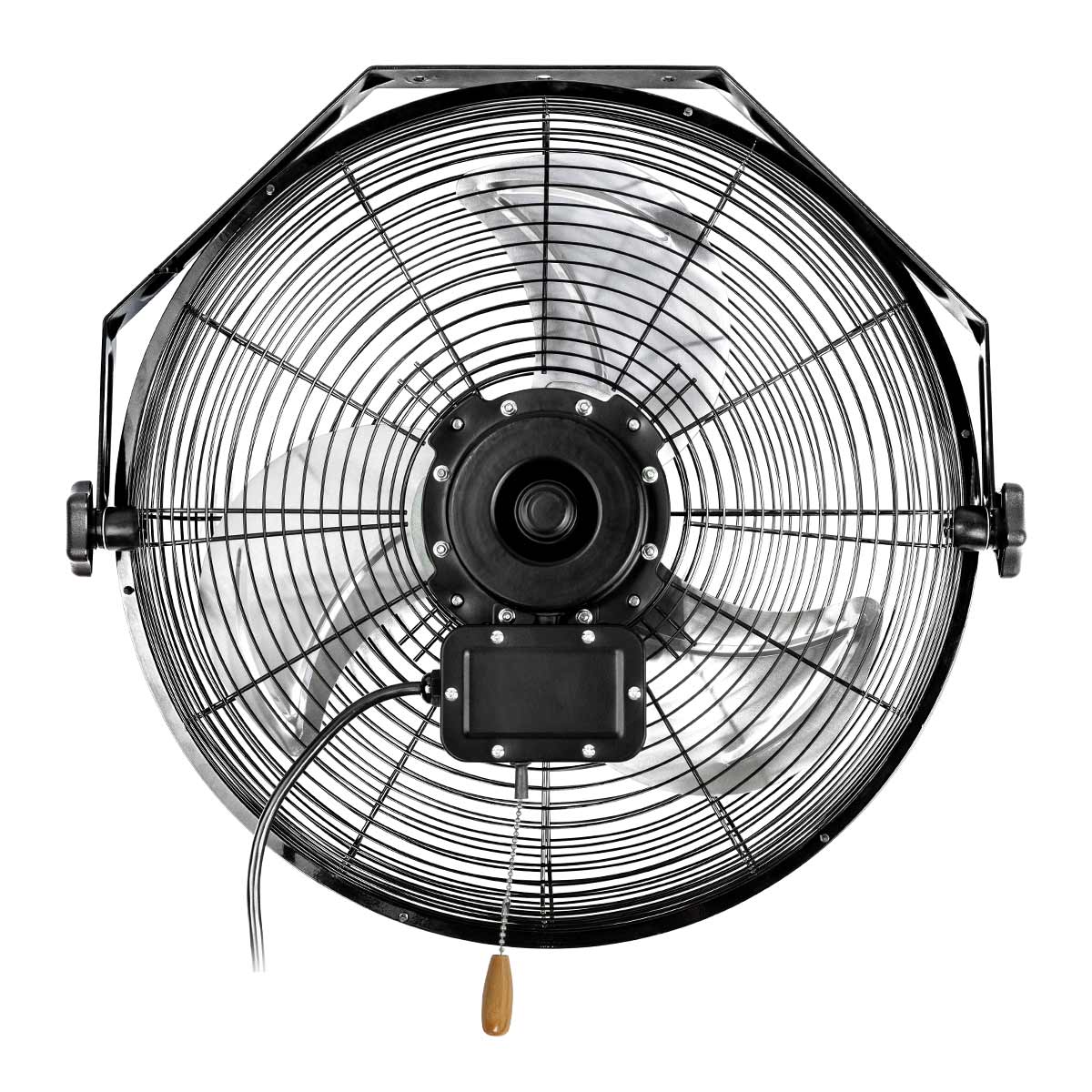Back of the electric fan showing the 3 speed enclosed motor and pull chain.