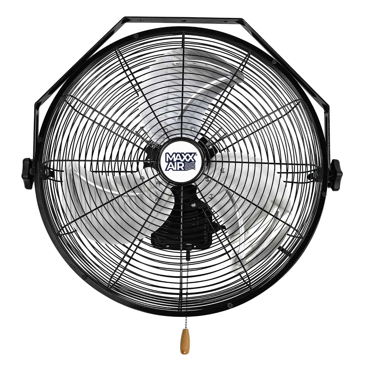Front of 18 in. commercial wall mount fan with pull chain.