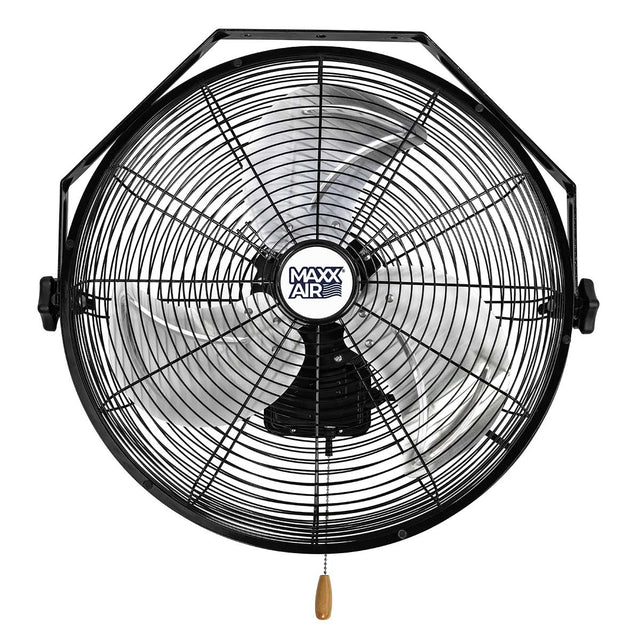 Front of 18 in. commercial wall mount fan with pull chain.