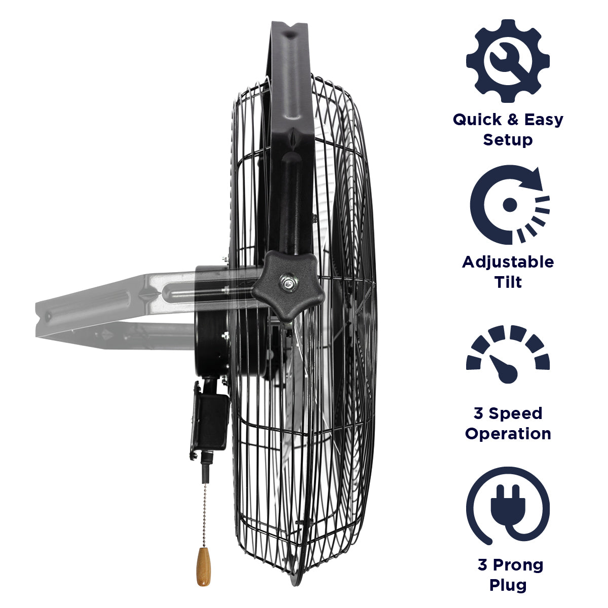 Features of the HVWM 18 include a quick and easy setup, adjustable tilt, a 3 speed operation, and a 3 prong electric plug.