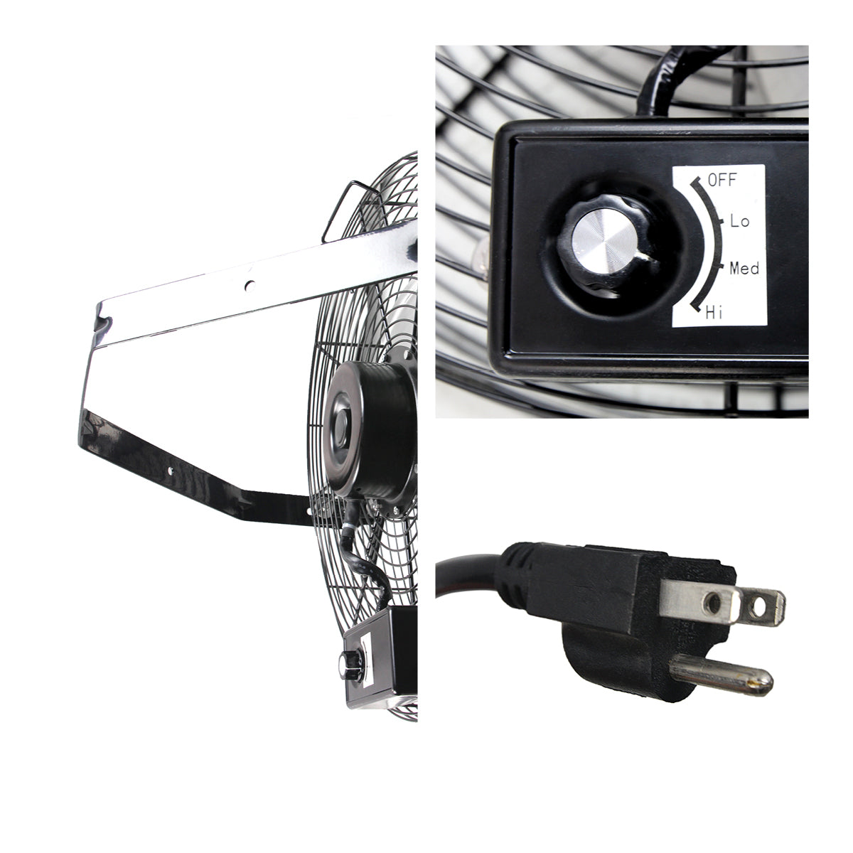 Detailed close-up of the hanging bar, rotary switch, and plug on the ceiling or wall mountable fan.