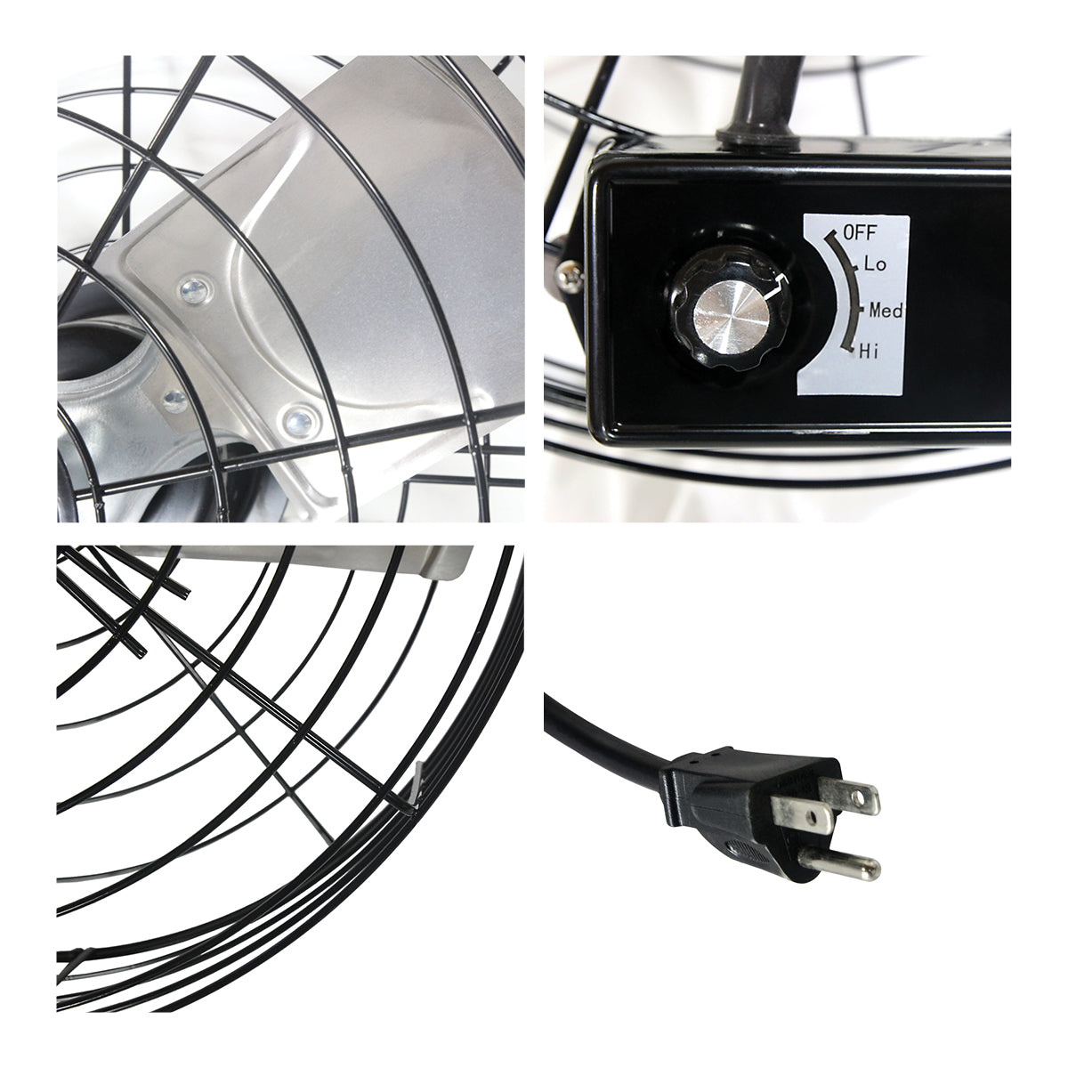 Detailed close-up of the blade assembly, wide grilles, rotary switch, and plug for the commercial barn fan.