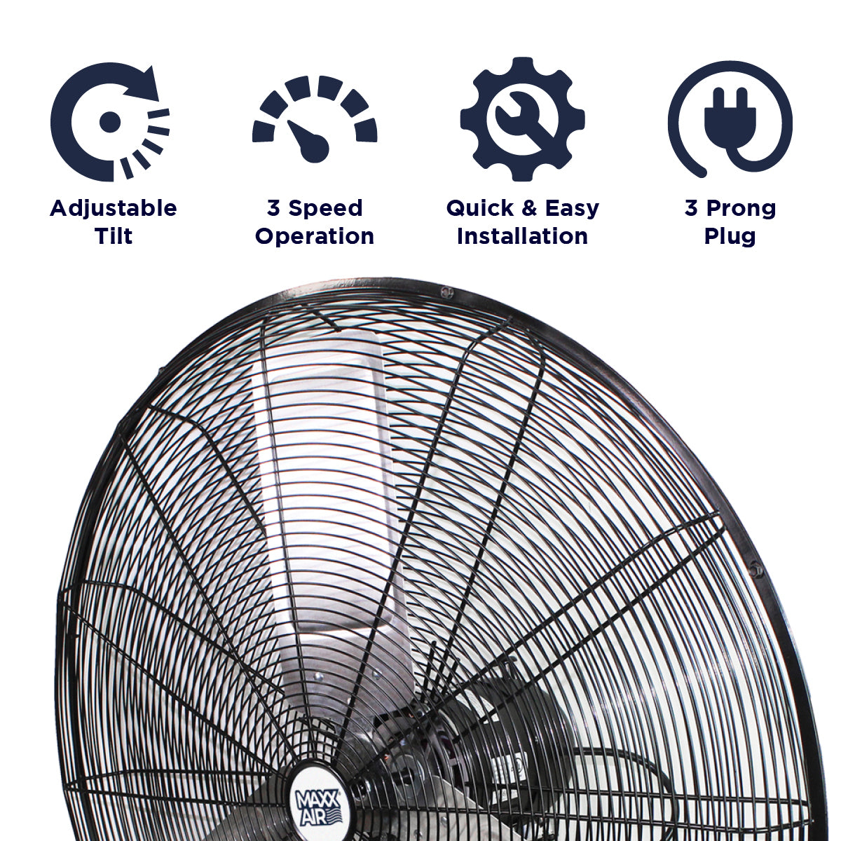 Features of the HVWM 30 include adjustable tilt, 3 speed operation, a quick and easy install, and a 3 prong electric plug.