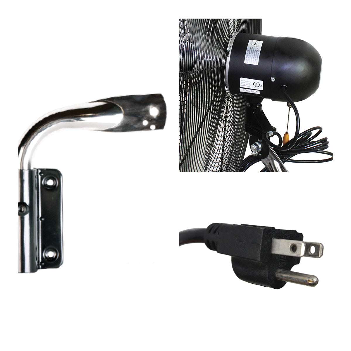 Close-up of wall bracket, motor and pull chain, and 3 prong plug for the high velocity wall fan.