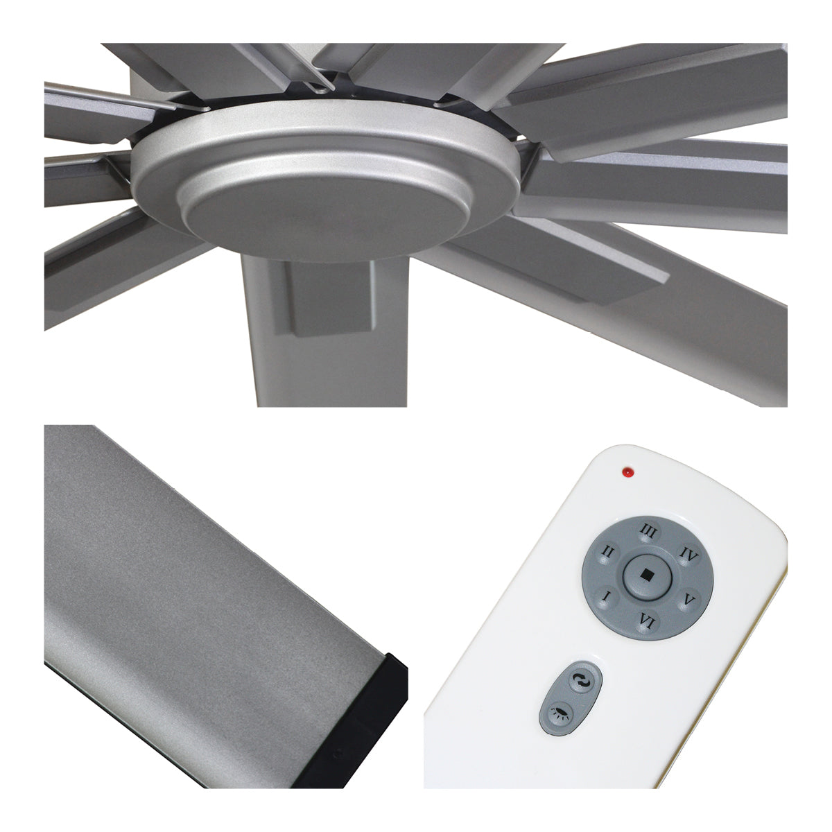 Detailed close-up of fan center, nickel blade finish, and 6 speed remote control with reverse setting.