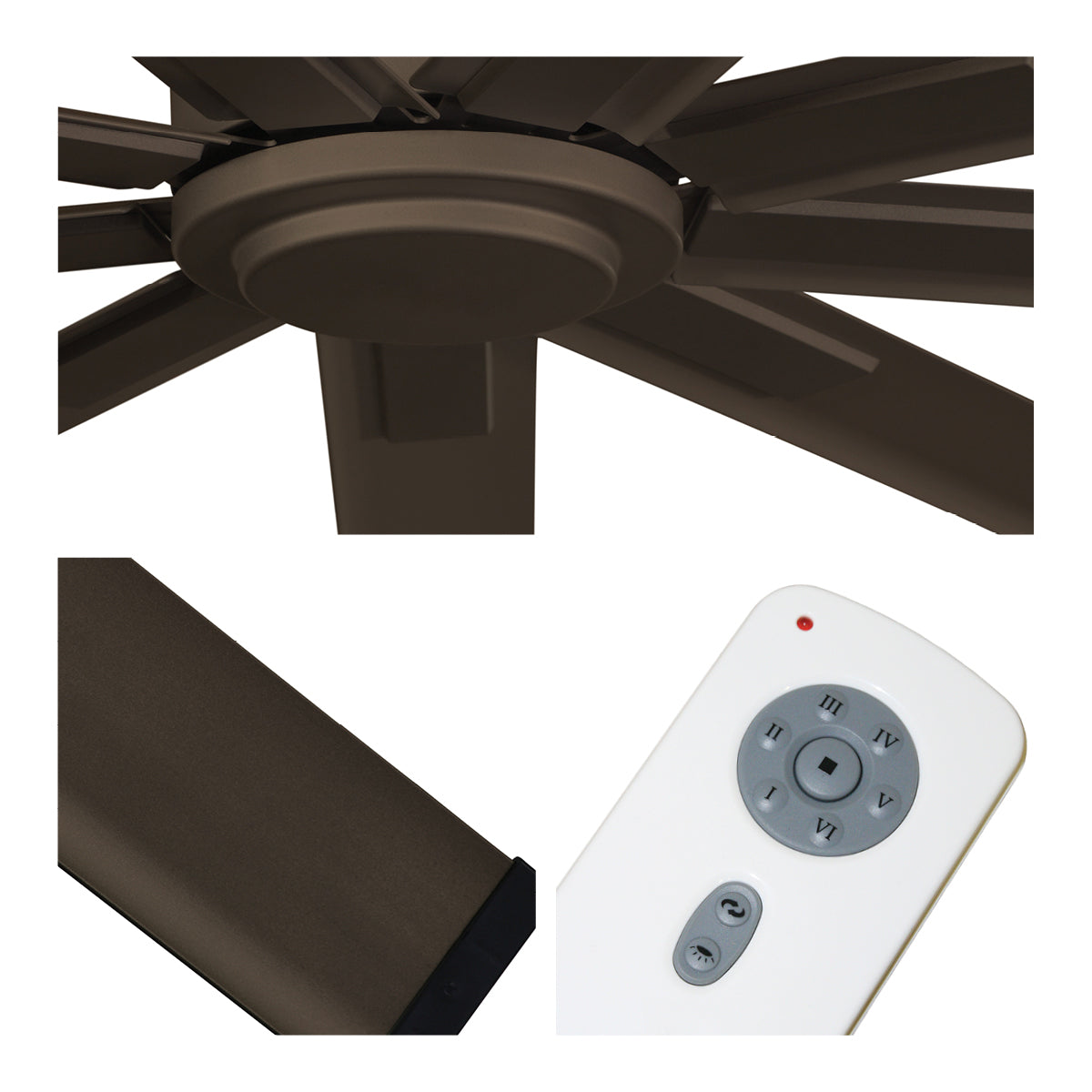 Detailed close-up of fan center, oil-rubbed bronze blade finish, and remote control with 6 speeds and reverse function.