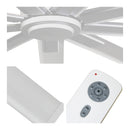 Detailed close-up of fan center, white blade finish, and remote control with 6 speeds and reverse function.