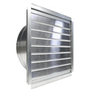 Left side angled view of the greenhouse fan with shutter louvers closed to repel insects when not in use.