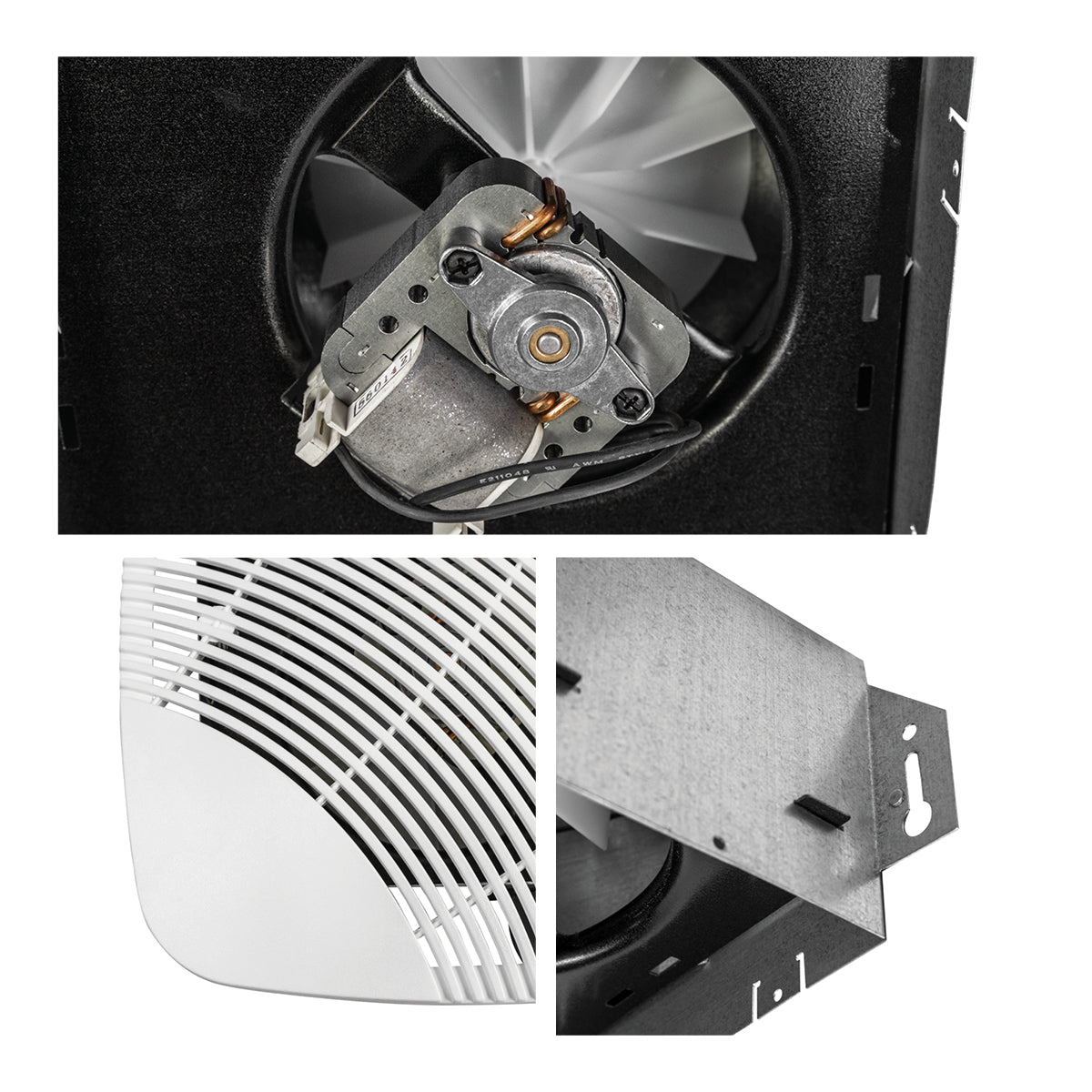 Close-up of 50 CFM motor kit, grille construction, and keyhole mounting tabs.