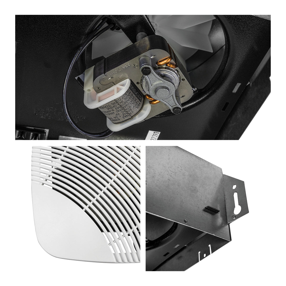 Close-up of 50 CFM motor kit, grille construction, and keyhole mounting tabs.