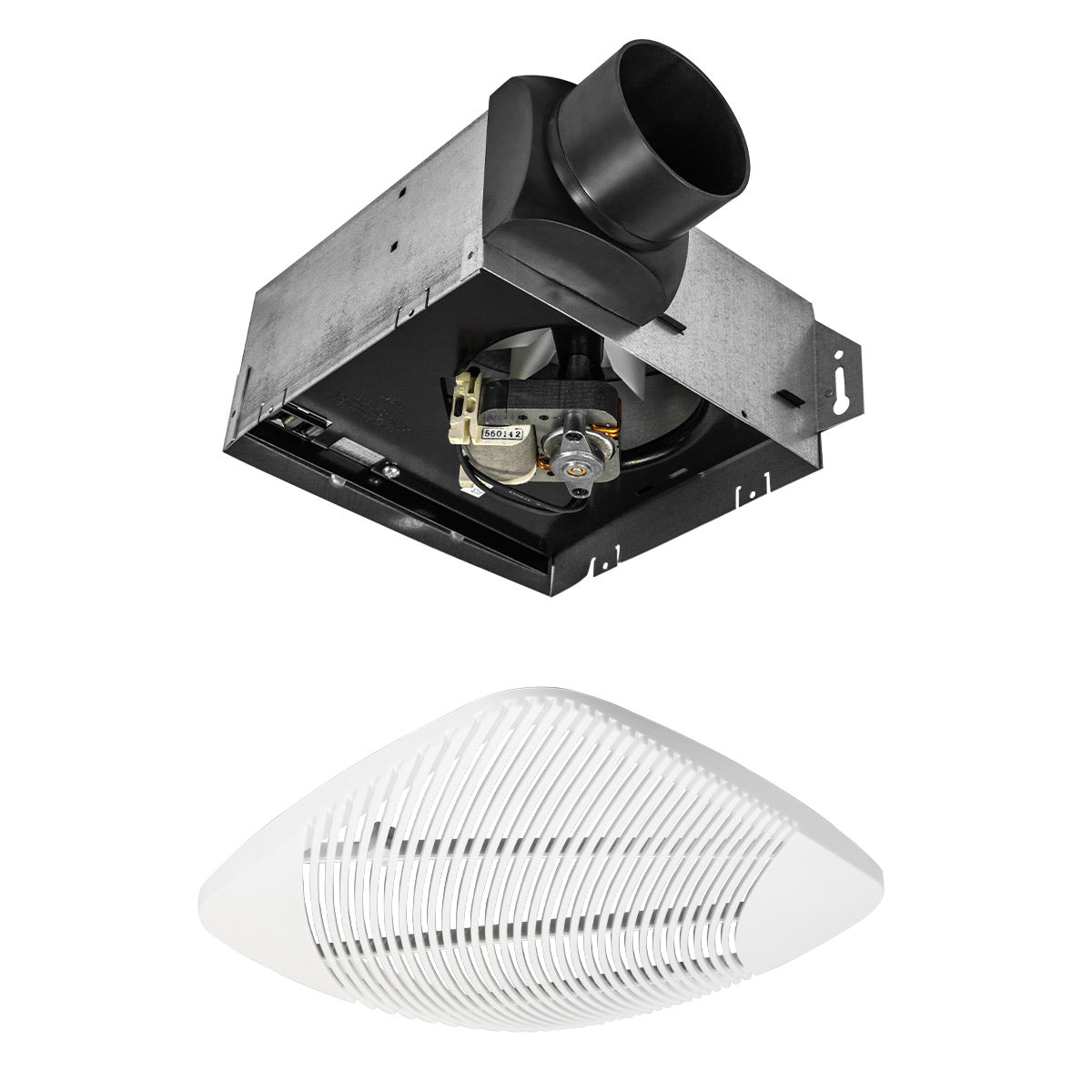 Exploded view of the utility fan with the grille pulled away from the main housing.