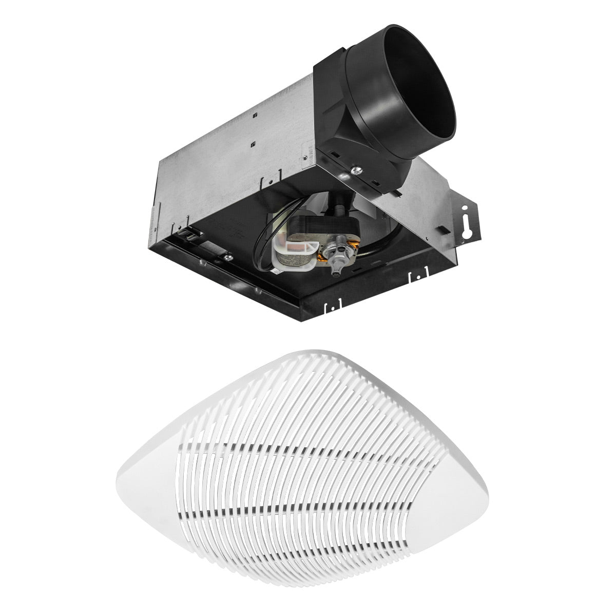 Exploded view of the utility fan with the grille pulled away from the main housing.